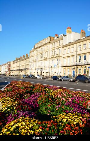 Rangée de maisons le long de la promenade de l'Esplanade avec de jolies fleurs en premier plan, Weymouth, Dorset, Angleterre, Royaume-Uni. Banque D'Images