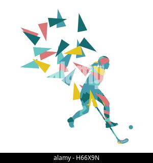 Floorball, joueur de hockey de rue femme abstract illustration réalisée avec polygon fragments isolated on white Illustration de Vecteur