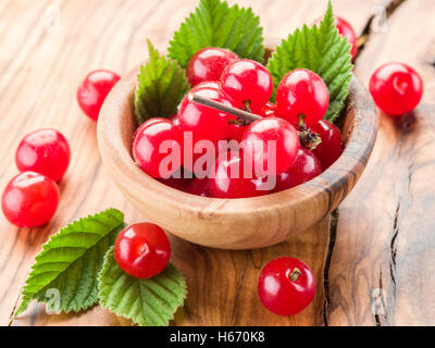 Nankin ou feutrées fruits cerise avec des feuilles sur la table en bois. Banque D'Images