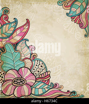 Abstract floral background avec des fleurs et des feuilles. Arrière-plan de décoration vintage. Illustration à la main. Banque D'Images