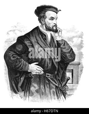 JACQUES CARTIER (1491-1557) Explorateur français. Basé sur 1844 Gravure peinture par Théophile Hamel Banque D'Images