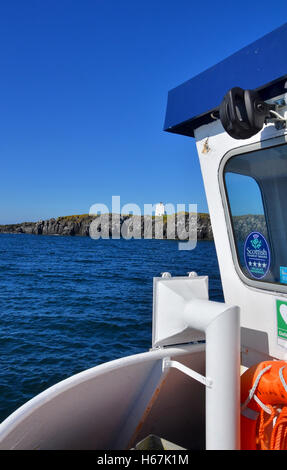 Île de mai, Fife, corne de brume vu dans la distance, vu de l'avant d'un bateau de croisière Voyage de jour. Banque D'Images