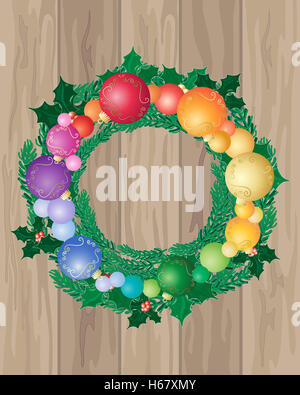Une illustration d'un plancher en bois avec une ambiance festive couronne de Noël décoré avec des boules colorées et Holly Banque D'Images