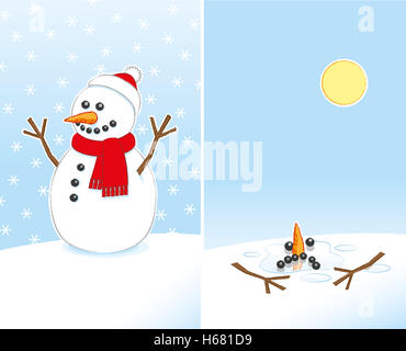 Happy Snowman avec nez de carotte et bâton Armoiries portant foulard rouge et Santa Hat enfin la fusion dans le soleil chaud Banque D'Images