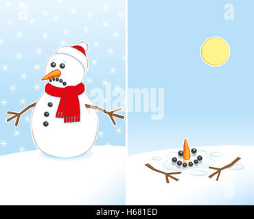 Happy Snowman avec nez de carotte et bâton Armoiries portant foulard rouge et Santa Hat enfin la fusion dans le soleil chaud Banque D'Images