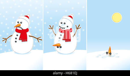 Triste à heureux blague Snowman à la carotte et le charbon genitales portant foulard rouge et Santa Hat enfin fondre sur Sun 3 images Banque D'Images