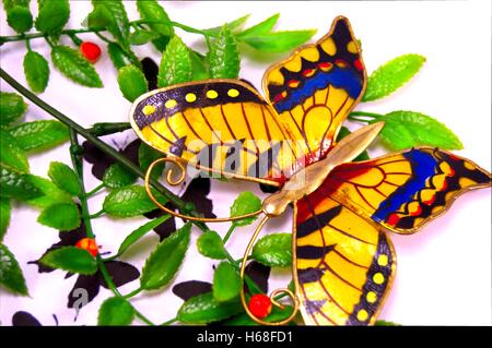 False butterfly mis sur feuilles sur un fond blanc. Banque D'Images