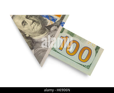 Hundred Dollar Bill Arrow isolé sur fond blanc. Banque D'Images