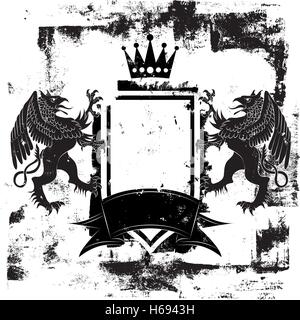 Armoiries de Griffin noir un blason avec une couronne, bouclier, rampant griffin sur un fond texturé. Illustration de Vecteur