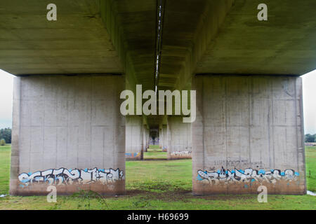 Des graffitis sur des piliers du pont routier sur la rivière Ijssel et sa plaine inondable près de Deventer aux Pays-Bas Banque D'Images