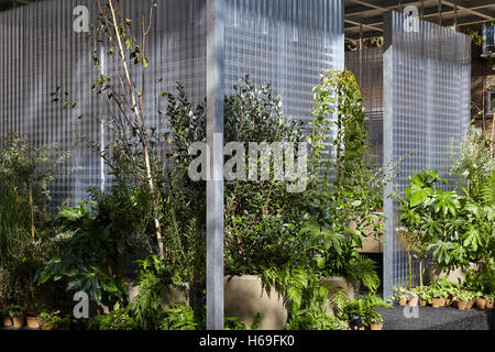 Créer la structure, place Charles, détail de la plantation et des murs translucides. MINI Living Forest l'installation, London, United Banque D'Images