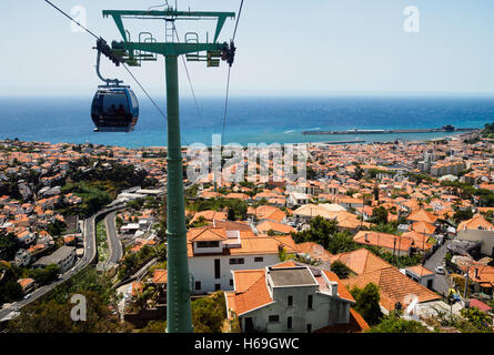 Le téléphérique de Funchal monte au-dessus des toits de Funchal sur l'île portugaise de Madère Banque D'Images