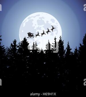 Vacances de noël vecteur de fond avec le père Noël, les rennes, la lune et les arbres Illustration de Vecteur