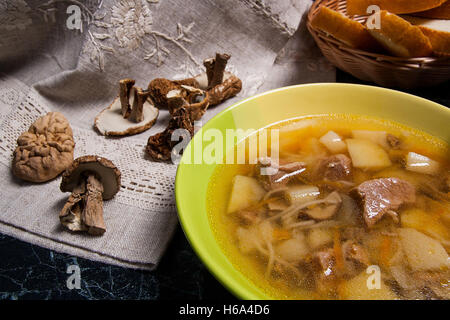 Soupe aux champignons en plaque verte sur un fond noir en noir. Cèpes séchés plusieurs champignons sauvages ou blanc sur tissu marron. Banque D'Images