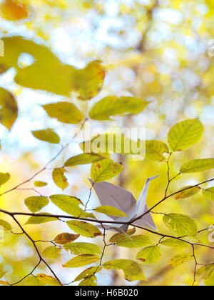 Papier Origami crane assis sur une branche avec des feuilles jaunes en automne nature Banque D'Images