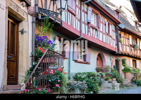 Traditionnelles colorées à colombages Maison dans village route du vin d'Eguisheim, Alsace, France Banque D'Images