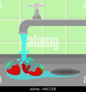 Trois fraises nettoyées et lavées dans un évier dans une cuisine. L'eau courante. Illustration de Vecteur