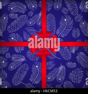 Noël transparente avec motif sapin présente et des pommes de pin et branches sur un fond bleu Illustration de Vecteur