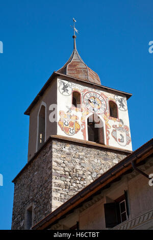 Murales sur un clocher, Berguen, Grisons, Suisse, Europe Banque D'Images