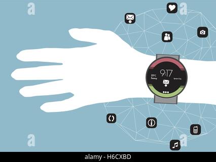 Concept de Smart Watch sur une main avec icônes Mobile App dans un filet - Vector Illustration Illustration de Vecteur