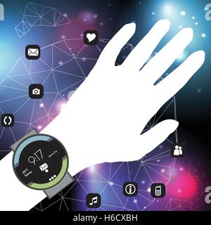 Concept de Smart Watch sur une main avec icônes Mobile App dans un filet - Vector Illustration Illustration de Vecteur