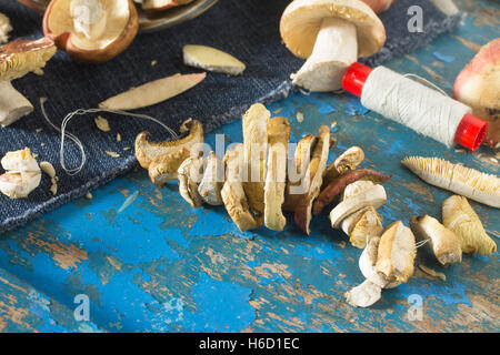 Mélange de cèpes. Shiitake, russules sur bleu vintage table en bois. Préparation des champignons séchés. Banque D'Images