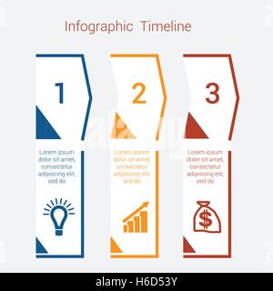 Infographie Timeline flèches colorées de lignes. L'entreprise graphique Infographie modèle avec des zones de texte pour trois positions, SPE Illustration de Vecteur