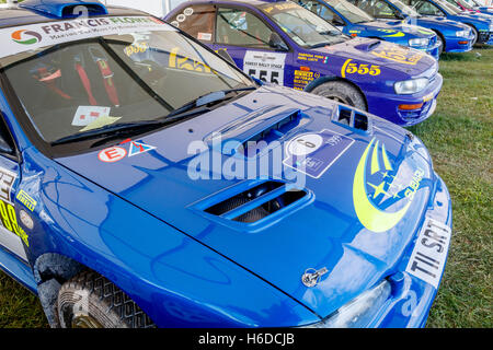 Subaru Impreza line-up dans le garage de l'Enclos 2016 Goodwood Festival of Speed, Sussex, UK Banque D'Images