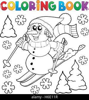 Livre de coloriage bonhomme de neige ski Thème 1 - eps10 vector illustration. Illustration de Vecteur