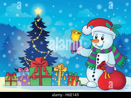 Le Snowman near Christmas Tree Thème 3 - eps10 vector illustration. Illustration de Vecteur