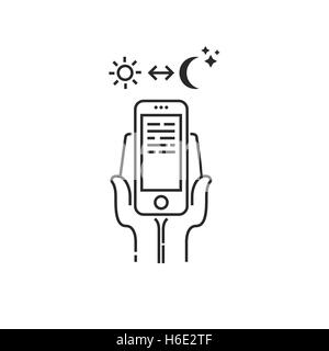 Icône moderne conceptuel de lignes fines sur smartphone dépendance jour et nuit. En Smartphone part jour et nuit Illustration de Vecteur