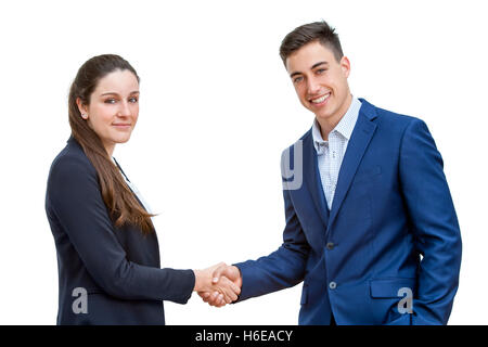 Close up portrait of young business couple vêtus de costumes bleus shaking hands.isolé sur fond blanc. Banque D'Images