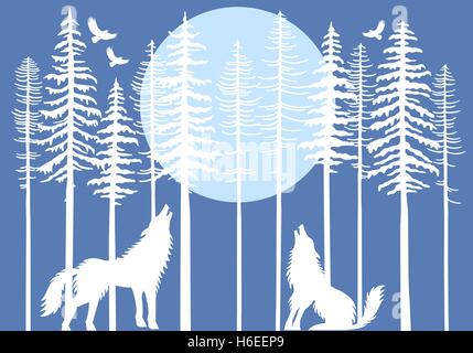 Loup hurlant dans la forêt de sapins avec blue moon, vector illustration Illustration de Vecteur