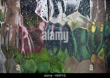 Vue déformée au jardin sous la pluie éclaboussa le verre à motifs. Banque D'Images