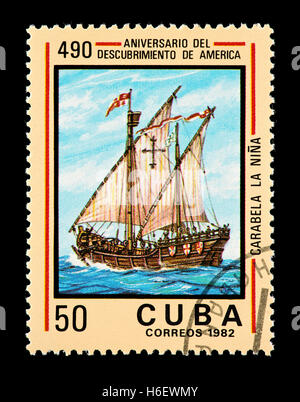 Timbre-poste de Cuba illustrant la Nina, navire à Columbus' voyages d'origine. Banque D'Images