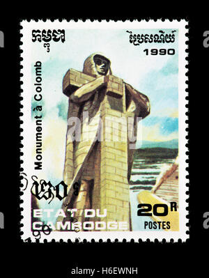 Timbre-poste du Cambodge représentant le monument de Christophe Colomb Banque D'Images