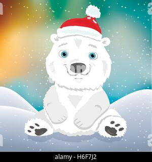 Cute cartoon polar bear cub in Christmas hat Illustration de Vecteur