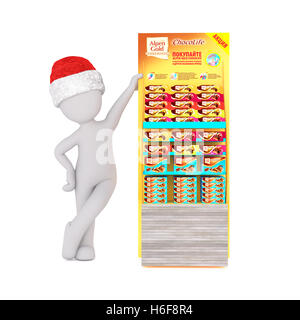 L'homme illustré 3D s'appuie contre distributeur automatique et porte un chapeau de Père Noël sur un fond blanc. Banque D'Images