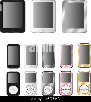 Nouveau téléphone mobile réaliste collection maquettes style smart phone avec écran noir isolé sur fond blanc. Illustration de Vecteur