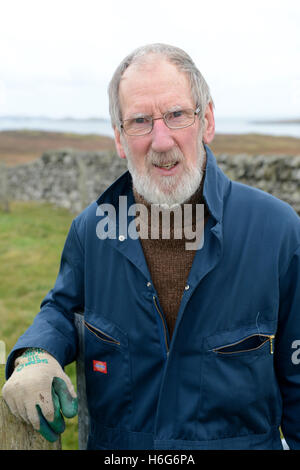 Peter Glanville avec son troupeau de moutons Shetland Shetland organiques qui produisent de la laine en couleurs naturelles. Banque D'Images