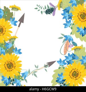 Arrangement de fleurs de tournesol avec kolokolchiklm flèches. Carte de voeux avec des fleurs de tournesol. Flèches décoratives avec des plumes o Illustration de Vecteur