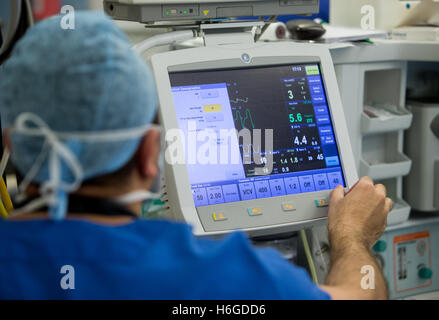 Un anesthésiste vérifie les données des patients sur l'écran au cours d'une opération Banque D'Images