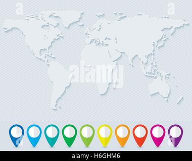 Carte du monde vierge et d'un ensemble de pointeurs carte colorée Illustration de Vecteur