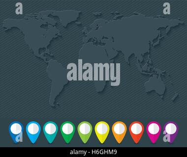 Carte du monde vierge et d'un ensemble de pointeurs carte colorée Illustration de Vecteur