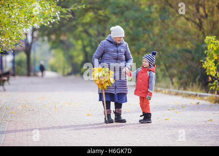Hauts femme et son petit-fils sur le parc promenade en automne Banque D'Images