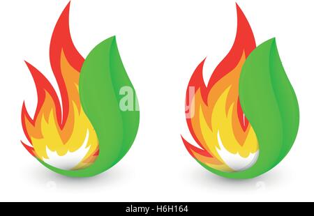 Logo feu résumé isolés. Flamme dans leaf logotype. L'icône de brousse. Signe de chaleur. Une traînée de symbole. Vector illustration. Illustration de Vecteur