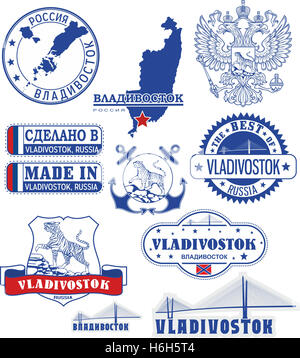 Vladivostok, Russie. Ensemble de timbres générique et signes y compris les éléments des armoiries de la ville de Vladivostok et l'emplacement de la cit Banque D'Images