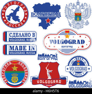 Volgograd, Russie. Ensemble de timbres générique et signes y compris les éléments des armoiries de la ville et l'emplacement de la ville à Volgograd Banque D'Images