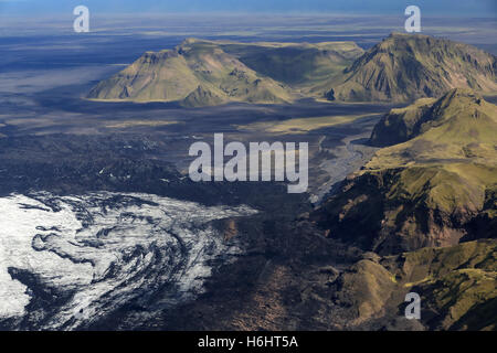 Vue aérienne , Krossarjokull ,Mýrdalsjökull, Glacier Myrdalsjokull , Islande Banque D'Images