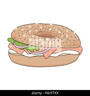 Sandwich bagel frais avec fromage à la crème, filet de saumon, des feuilles de salade et les oignons. Délicieux petit déjeuner. vector illustration. Illustration de Vecteur